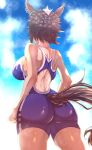  1girl absurdres animal_ears ass breasts ear_piercing from_behind from_below highres horse_ears horse_girl horse_tail mejiro_ryan_(umamusume) multicolored_hair one-piece_swimsuit piercing short_hair sideboob sky solo sweat swimsuit tail two-tone_hair umamusume wakura_(gcdan) 