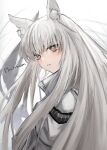  1girl animal_ear_fluff animal_ears arknights bangs brown_eyes character_name commentary_request eyebrows_visible_through_hair highres horse_ears jacket long_hair looking_at_viewer platinum_(arknights) raw_egg_lent solo upper_body white_background white_hair white_jacket 