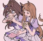  2girls animal_ears blue_eyes brown_hair dripping eating el_condor_pasa_(umamusume) food food_on_face grass_wonder_(umamusume) helping highres horse_ears horse_tail long_hair multiple_girls ponytail sandwich satomachi school_uniform sparkling_eyes tail tracen_school_uniform umamusume 