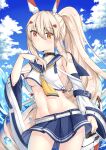  1girl :&lt; absurdres adjusting_clothes ascot ayanami_(azur_lane) azur_lane bandaid bandaid_on_arm bangs belt blue_skirt blue_sky blush breasts brown_eyes choker clouds cloudy_sky collarbone commentary_request detached_sleeves eyebrows_visible_through_hair eyes_visible_through_hair hair_ornament hairclip head_tilt headgear highres horizon light_brown_hair long_hair looking_at_viewer medium_breasts midriff natie navel ocean pleated_skirt ponytail retrofit_(azur_lane) school_uniform serafuku sideboob sidelocks skirt sky solo sword under_boob weapon wide_sleeves wind 