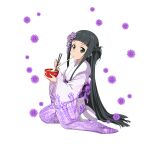  1girl bangs black_eyes black_hair blunt_bangs bowl braid chopsticks eating floral_print from_side full_body highres holding holding_bowl holding_chopsticks japanese_clothes kimono kneeling long_hair long_sleeves official_art print_kimono purple_kimono shiny shiny_hair solo sword_art_online sword_art_online:_memory_defrag tied_hair transparent_background very_long_hair wide_sleeves yui_(sao) 