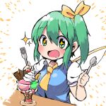 +_+ 1girl blue_vest blush bow cherry commentary_request daiyousei drooling fairy_wings food fork fruit green_eyes green_hair hair_bow hands_up holding holding_fork holding_spoon kuromu_(underporno) medium_hair open_mouth parfait shirt short_sleeves side_ponytail solo sparkle spoon table touhou upper_body vest whipped_cream white_background white_shirt wings yellow_bow yellow_neckwear 