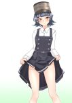  1girl arare_(kancolle) black_hair brown_eyes commentary_request cowboy_shot dress dress_lift gradient gradient_background highres kantai_collection long_sleeves nitamago_(sakamalh) pinafore_dress remodel_(kantai_collection) shirt short_hair solo standing white_background white_shirt 