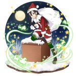  1boy bag boots brown_hair full_body full_moon fur-trimmed_headwear fur-trimmed_shorts fur_trim gift_bag green_legwear grin hat highres holding holding_bag jacket kirito_(sao-ggo) knee_boots long_hair long_sleeves male_focus moon official_art red_headwear red_jacket red_shorts santa_hat short_shorts shorts smile snow solo straight_hair sword_art_online sword_art_online:_memory_defrag thigh-highs transparent_background zettai_ryouiki 