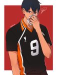  1boy 5600cm absurdres bangs black_hair bleeding blood border covering_mouth haikyuu!! highres huge_filesize kageyama_tobio looking_at_viewer male_focus red_background short_hair simple_background solo sportswear standing twitter_username volleyball_uniform 