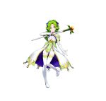  1girl absurdres amagai_tarou bangs bare_shoulders blush boots closed_mouth commentary_request criss-cross_halter dress elbow_gloves fire_emblem fire_emblem:_the_sacred_stones fire_emblem_heroes full_body gloves green_eyes green_hair hair_ornament halterneck highres holding jewelry l&#039;arachel_(fire_emblem) leg_up long_hair looking_at_viewer official_art shiny shiny_hair sleeveless smile solo staff standing thigh-highs thigh_boots tied_hair white_background white_footwear white_gloves 