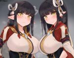  2girls bangs bell black_hair blunt_bangs blush breasts closed_mouth corset eyebrows_visible_through_hair hair_bell hair_ornament hinoa japanese_clothes jewelry jtveemo large_breasts long_hair long_sleeves looking_at_viewer minoto monster_hunter_(series) monster_hunter_rise multiple_girls necklace pointy_ears siblings sidelocks sisters smile sweat twins twitter_username underbust yellow_eyes 