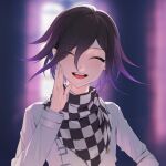  1boy bangs blurry blurry_background buttons checkered checkered_scarf closed_eyes dangan_ronpa_(series) dangan_ronpa_v3:_killing_harmony evil_grin evil_smile eyebrows_visible_through_hair grin hair_between_eyes hand_up jacket long_hair long_sleeves looking_at_viewer male_focus ohisashiburi open_mouth ouma_kokichi pale_skin purple_hair scarf short_hair sleeve_cuffs smile solo straitjacket violet_eyes white_jacket 