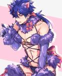  1boy angry animal_ears blue_hair claw_pose claws cosplay crossdressinging cu_chulainn_(fate)_(all) cu_chulainn_(fate/prototype) dangerous_beast detached_collar elbow_gloves fate/grand_order fate/prototype fate_(series) fur-trimmed_gloves fur-trimmed_legwear fur_collar fur_trim gloves groin hair_ribbon halloween_costume highres lace-trimmed_legwear lace_trim long_hair looking_at_viewer male_focus mash_kyrielight mash_kyrielight_(cosplay) monster_boy navel o-ring o-ring_top ojitaro12 panties purple_gloves purple_legwear red_eyes revealing_clothes ribbon sketch solo underwear wolf_boy wolf_ears 