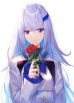  1girl absurdres bangs blue_hair closed_mouth commentary_request eyebrows_visible_through_hair flower frilled_sleeves frills hair_ornament hand_up highres holding holding_flower jacket lize_helesta long_hair long_sleeves looking_at_viewer multicolored_hair nijisanji red_flower red_rose rose shirt silver_hair simple_background sleeves_past_wrists smile solo two-tone_hair upper_body very_long_hair violet_eyes virtual_youtuber white_background white_jacket white_shirt yuuki_nao_(pixiv10696483) 