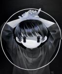  1boy a_mtc27 arms_up bangs black_background black_hair circle highres index_finger_raised long_sleeves looking_at_viewer no_mouth no_nose original shadow short_hair simple_background solo upper_body 
