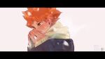  1boy bangs blush brown_eyes covering_mouth dated haikyuu!! hinata_shouyou hood hoodie letterboxed looking_away male_focus orange_hair re_it0 simple_background snowing solo upper_body white_background winter_clothes 
