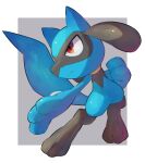  border clenched_hand closed_mouth commentary creature frown full_body gen_4_pokemon highres nullma outside_border pokemon pokemon_(creature) red_eyes riolu shiny shiny_skin solo toes white_border 