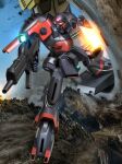  einerad glowing glowing_eyes gun gundam hiropon_(tasogare_no_puu) holding holding_gun holding_weapon looking_down mecha mobile_suit mountain no_humans photo_background red_eyes science_fiction victory_gundam weapon zanscare zollidia 