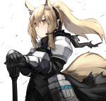  1girl animal_ear_fluff animal_ears arknights armor bangs blonde_hair breastplate commentary_request eyebrows_visible_through_hair hair_between_eyes headset highres holding horse_ears horse_girl horse_tail long_hair looking_afar nearl_(arknights) orange_eyes ponytail raw_egg_lent shoulder_armor sidelocks solo tail upper_body weapon white_background 
