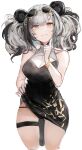  1girl absurdres animal_ears arknights bangs bare_arms bare_legs bare_shoulders black_dress black_hair bracelet breasts china_dress chinese_clothes cleavage_cutout clothing_cutout cropped_legs dress dress_lift eyewear_on_head feater_(arknights) finger_to_cheek gnai grey_hair highres jewelry large_breasts looking_at_viewer multicolored_hair panda_ears round_eyewear simple_background smile solo streaked_hair sunglasses thigh_gap thigh_strap tinted_eyewear twintails wavy_hair white_background yellow_eyes 