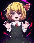  1girl :d bangs beads black_skirt black_vest blonde_hair blush claw_pose dark_background eyebrows_visible_through_hair fingernails frilled_shirt_collar frills hair_between_eyes hair_ribbon hands_up juuni_05 long_sleeves looking_at_viewer nail_polish necktie open_mouth red_eyes red_nails red_neckwear red_ribbon ribbon rumia sharp_fingernails sharp_teeth short_hair simple_background skirt smile solo teeth touhou upper_body vest 