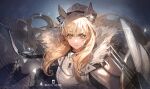  1girl animal_ear_fluff animal_ears arknights armor bangs blemishine_(arknights) blonde_hair blue_background breastplate capelet character_name cloak closed_mouth eyebrows_visible_through_hair fur_trim kingdom_of_kazimierz_logo long_hair ryuuzaki_ichi solo upper_body yellow_eyes 