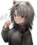  1girl absinthe_(arknights) animal_ears arknights arm_up bear_ears bear_girl black_jacket blush closed_mouth commentary_request grey_hair headphones jacket looking_at_viewer raw_egg_lent red_eyes simple_background solo upper_body white_background 