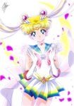  1girl backlighting bishoujo_senshi_sailor_moon blonde_hair blue_eyes blue_sailor_collar choker circlet cowboy_shot crescent crescent_earrings earrings elbow_gloves gloves heart heart_choker jewelry marco_albiero miniskirt multicolored multicolored_clothes multicolored_skirt petals pleated_skirt rose_petals sailor_collar sailor_moon sailor_senshi_uniform signature skirt solo super_sailor_moon tsukino_usagi white_gloves 