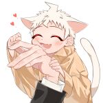  2boys :d ahoge animal_ears bangs blush brown_sweater cat_boy cat_ears cat_tail closed_eyes commentary_request dangan_ronpa_(series) dangan_ronpa_2:_goodbye_despair extra_ears fang hanyaka happy heart highres hinata_hajime_(awakened) hug long_sleeves lower_teeth male_focus multiple_boys open_mouth short_hair skin_fang smile solo_focus sweater tail upper_body white_hair 