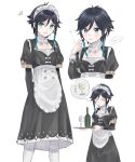  1boy alternate_costume androgynous apron arms_behind_back bangs black_hair blue_hair blush bottle braid closed_eyes closed_mouth collarbone commentary_request crossdressinging cup detached_collar eyebrows_visible_through_hair genshin_impact glass gradient_hair green_eyes holding holding_tray kirentono long_sleeves looking_to_the_side maid maid_apron maid_headdress male_focus multicolored_hair open_mouth pantyhose pleated_skirt puffy_sleeves short_hair_with_long_locks simple_background skirt smile solo speech_bubble squiggle sweat tearing_up translation_request tray twin_braids venti_(genshin_impact) victorian_maid waist_apron waitress white_background white_legwear wine_bottle 