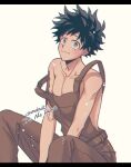  1boy arms_between_legs bangs bare_arms bare_shoulders black_hair boku_no_hero_academia brown_overalls closed_mouth collarbone commentary_request feet_out_of_frame freckles green_eyes green_hair knees_up letterboxed looking_at_viewer male_focus midoriya_izuku moktdk naked_overalls nipples overalls pants scar_on_arm short_hair sitting smile solo twitter_username white_background 