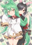  2girls :3 absurdly_long_hair absurdres akashi_(azur_lane) animal_ears animalization azur_lane bangs black_hair black_kimono blush braid carrying cat choker commentary_request eyebrows_visible_through_hair green_hair hair_over_one_eye hair_ribbon headgear highres japanese_clothes kimono long_hair long_sleeves looking_at_viewer mashiro_kta mechanical_ears meowfficer_(azur_lane) mole mole_under_eye multiple_girls rabbit_ears red_eyes ribbon shiranui_(azur_lane) short_hair sidelocks single_braid sleeves_past_wrists smile very_long_hair wide_sleeves yellow_eyes 