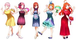  :d ahoge bangs bare_shoulders black_ribbon blue_dress blue_eyes blue_footwear blue_hairband breasts brown_hair closed_mouth collarbone commentary_request dress flower full_body go-toubun_no_hanayome hair_between_eyes hair_ornament hair_ribbon hairband haruba_negi headphones high_heels highres holding holding_flower jewelry long_bangs long_dress looking_at_viewer nakano_ichika nakano_itsuki nakano_miku nakano_nino nakano_yotsuba necklace official_art one_eye_closed open_mouth orange_hair parted_lips pink_flower pink_hair purple_dress red_dress red_flower redhead ribbon shoes short_hair short_sleeves sidelocks simple_background sleeveless sleeveless_dress smile standing star_(symbol) star_hair_ornament w white_background white_footwear yellow_dress yellow_flower 