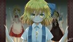  1girl alice_margatroid alice_margatroid_(pc-98) blonde_hair blue_dress blue_hairband closed_mouth crying crying_with_eyes_open dress green_eyes grey_background hair_ornament hairband key looking_at_viewer open_door sad salt_(seasoning) short_hair short_sleeves solo suspenders tears touhou yellow_eyes 