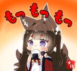  1girl amagi-chan_(azur_lane) animal_ear_fluff animal_ears azur_lane bangs bare_shoulders blunt_bangs blush brown_hair brown_tail chibi commentary_request eating eyebrows_visible_through_hair eyeshadow food fox_ears fox_tail gradient gradient_background hair_intakes hair_ribbon holding holding_food japanese_clothes kimono long_hair makeup multiple_tails off-shoulder_kimono onigiri red_eyeshadow red_kimono ribbon sidelocks simple_background solo tail taisa_(kari) thick_eyebrows translation_request twintails upper_body violet_eyes 