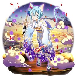  1girl animal_ears blue_eyes blue_hair cat_ears cat_tail closed_mouth full_body gradient_kimono highres holding holding_brush japanese_clothes kimono leaning_forward long_sleeves official_art shiny shiny_hair short_hair_with_long_locks sidelocks sinon_(sao-alo) smile solo standing sword_art_online sword_art_online:_memory_defrag tabi tail transparent_background white_legwear wide_sleeves yukata 