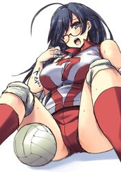  1girl ahoge ass bandages black_eyes black_hair breasts brown_eyes clip_studio_paint_(medium) commentary_request girls_und_panzer glasses isuzu_hana knee_pads large_breasts leaning_back long_hair one_eye_closed open_mouth panties panties_under_shorts panty_peek red_shirt red_shorts shinshin shirt short_shorts shorts simple_background sitting sleeveless sleeveless_shirt solo sportswear spread_legs thighs underwear upper_teeth volleyball volleyball_uniform white_background white_panties 