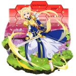  1girl alice_zuberg animal_ears armor blonde_hair blue_dress blue_eyes blue_gloves braid braided_ponytail breastplate cat_ears cat_tail dress faux_figurine floating_hair full_body gloves hair_intakes hairband high_heels highres holding holding_sword holding_weapon long_dress long_hair looking_at_viewer official_art open_mouth ponytail shoulder_armor solo sword sword_art_online sword_art_online:_memory_defrag tail transparent_background very_long_hair weapon white_hairband 