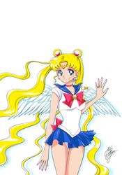  1girl bishoujo_senshi_sailor_moon blonde_hair blue_eyes blue_sailor_collar choker circlet cowboy_shot crescent crescent_earrings double_bun earrings jewelry long_hair magical_girl marco_albiero miniskirt pink_nails pleated_skirt ring sailor_collar sailor_moon signature skirt solo tsukino_usagi twintails very_long_hair wings 