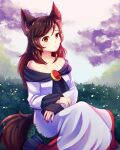  1girl absurdres animal_ears breasts brooch brown_hair collarbone dress dungeon_toaster fingernails flower highres imaizumi_kagerou jewelry long_fingernails long_hair long_sleeves looking_at_viewer medium_breasts nail_polish nature off-shoulder_dress off_shoulder outdoors red_eyes solo tail touhou white_dress wolf_ears wolf_tail 
