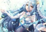  1girl absurdres azura_(fire_emblem) bare_shoulders blue_hair blush dress fingerless_gloves fire_emblem fire_emblem_fates gloves gradient gradient_background highres jewelry long_hair looking_at_viewer necklace reia_hana simple_background solo sunlight twitter_username veil very_long_hair water white_dress yellow_eyes 