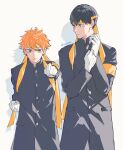  2boys 5600cm armband bangs black_hair buttons clenched_hand gloves haikyuu!! highres hinata_shouyou kageyama_tobio looking_at_viewer looking_away male_focus multiple_boys orange_hair simple_background standing twintails white_gloves 