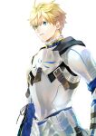  1boy ahoge armor arthur_pendragon_(fate) blonde_hair breastplate buckle commentary_request copyright_request cross-laced_clothes eyebrows_visible_through_hair fate_(series) faulds fur_trim glint green_eyes highres hood hood_down looking_away male_focus pauldrons short_hair shoulder_armor simple_background solo upper_body urup_zzz white_background 