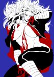  1girl abs absurdres akaakaaobi blood breasts dorohedoro earrings gloves highres jacket jewelry large_breasts long_hair looking_at_viewer muscular muscular_female navel noi_(dorohedoro) red_eyes simple_background solo 