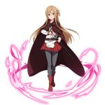  1girl asuna_(sao) bangs boots brown_cloak brown_eyes cloak closed_mouth floating_hair frown full_body grey_legwear hair_between_eyes highres holding holding_sheath holding_sword holding_weapon jacket light_brown_hair long_hair long_sleeves miniskirt official_art pantyhose pleated_skirt red_footwear red_skirt sheath shiny shiny_hair skirt solo sword sword_art_online sword_art_online:_memory_defrag transparent_background unsheathing very_long_hair weapon white_jacket 