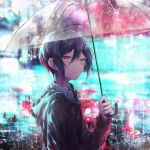  1boy ahoge bangs black_hair black_jacket brown_hair collared_shirt dangan_ronpa_(series) dangan_ronpa_v3:_killing_harmony goto_(sep) hair_between_eyes hand_up highres holding holding_umbrella hood hood_down jacket long_sleeves looking_at_viewer male_focus outdoors rain saihara_shuuichi shirt short_hair solo transparent transparent_umbrella umbrella upper_body white_shirt 