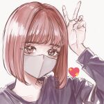  1girl bangs black_sweater brown_hair collarbone emoji eyebrows_visible_through_hair heart highres kiri_uranji looking_at_viewer mask mouth_mask original short_hair solo sweater upper_body v white_background 