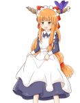  1girl alternate_costume apron bangs bow eyebrows_visible_through_hair fang hair_bow half-closed_eyes highres horn_ornament horn_ribbon horns ibuki_suika juliet_sleeves long_hair long_sleeves low-tied_long_hair maid maid_apron maid_headdress open_mouth orange_hair puffy_sleeves purple_ribbon red_bow ribbon rozugadena simple_background solo standing touhou v-shaped_eyebrows very_long_hair white_background yellow_eyes 