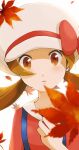  1girl autumn_leaves brown_eyes brown_hair collarbone commentary_request eyelashes hand_up hat hat_ribbon long_hair looking_at_viewer lyra_(pokemon) nakikot_t overalls parted_lips pokemon pokemon_(game) pokemon_hgss red_ribbon red_shirt ribbon shirt solo twintails upper_body white_background white_headwear 