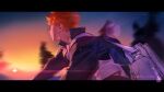  1boy bag bangs blurry haikyuu!! highres hinata_shouyou jacket lens_flare letterboxed male_focus open_clothes open_jacket orange_hair re_it0 solo sunset twitter_username upper_body 