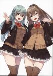  2girls anniversary aqua_eyes aqua_hair ascot brown_hair brown_jacket brown_legwear brown_skirt cardigan cowboy_shot green_eyes hair_ornament hairclip highres jacket kantai_collection konishi_(koconatu) kumano_(kancolle) long_hair multiple_girls official_art plaid plaid_skirt pleated_skirt ponytail remodel_(kantai_collection) ribbon scan scan_artifacts school_uniform skirt suzuya_(kancolle) thigh-highs white_background 