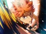  bangs brown_eyes glowing glowing_eyes haikyuu!! highres hinata_shouyou jumping looking_at_viewer male_focus orange_hair re_it0 solo sportswear sweat volleyball volleyball_uniform 