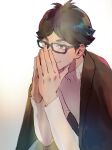  1boy akaashi_keiji bangs black_hair clothes_on_shoulders covering_mouth garter_straps glasses grey_eyes haikyuu!! highres male_focus older re_it0 simple_background solo sweater 