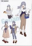  1girl alternate_costume bag blue_eyes blue_hair character_sheet coat collarbone drew_(drew213g) earrings full_body gotland_(kancolle) hair_bun handbag high_heels highres jacket jewelry kantai_collection long_hair long_sleeves looking_at_viewer mole mole_under_eye official_alternate_costume official_art oven_mitts pointing scan shoes shopping_bag sketch smile solo sweater white_background winter_clothes winter_coat 